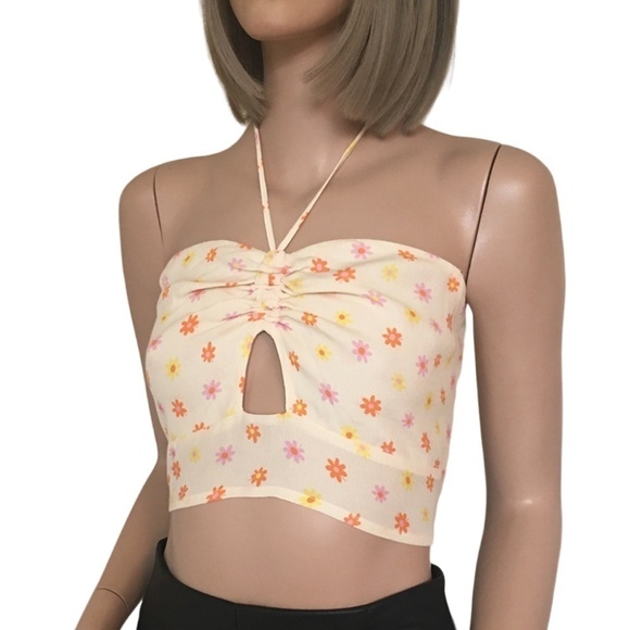 Elodie Yellow Shirred Smocked Floral Halter Top Blouse Tank Floral Rayon NWOT - Picture 5 of 13